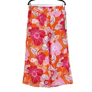 Rachel Zoe Floral Wide-Leg 100% Linen Pants L Multicolor Summer Spring Coastal